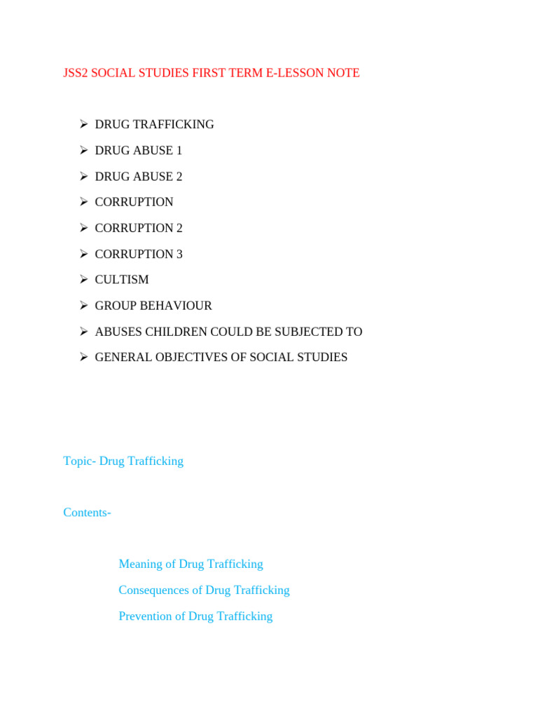Jss2 Social Studies Ist Term | PDF | Child Abuse | Substance Abuse