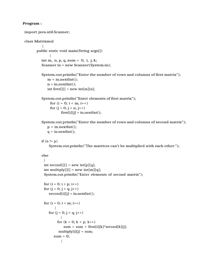 Java Programs for Matrix, String, and File Operations | PDF | Linear ...