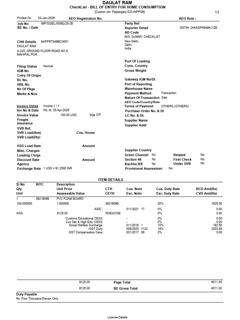 Bill of Entry Checklist for Imports | PDF | Taxes | Government Finances