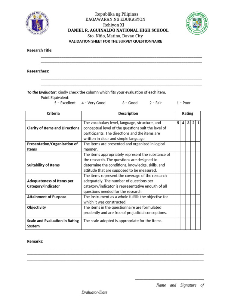 Survey Questionnaire Validation Sheet | PDF | Cognition | Methodology