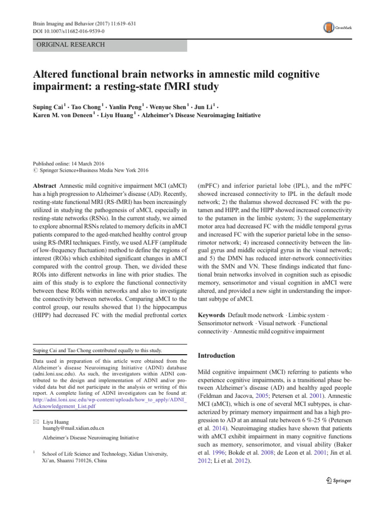 2017_Altered Functional Brain Networks in Amnestic Mild Cognitive | PDF ...