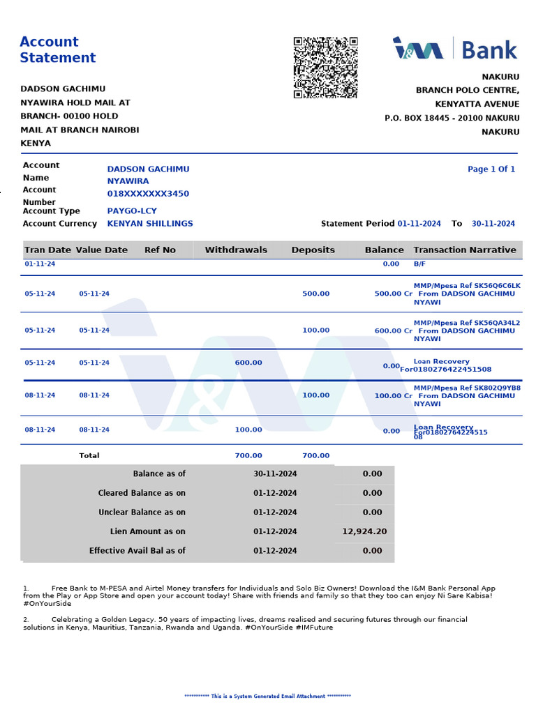Kenya I&M Bank Account Statement Template in Word and PDF Format | PDF ...