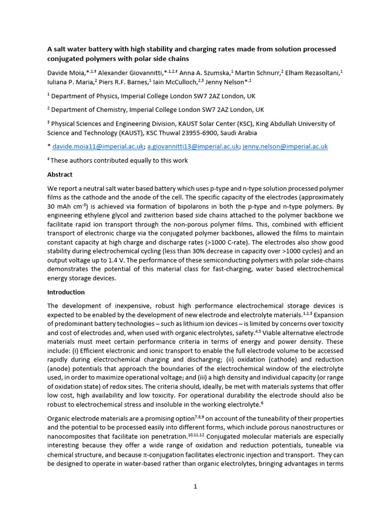 High-Performance Salt Water Battery | PDF | Electrochemistry | Electrode