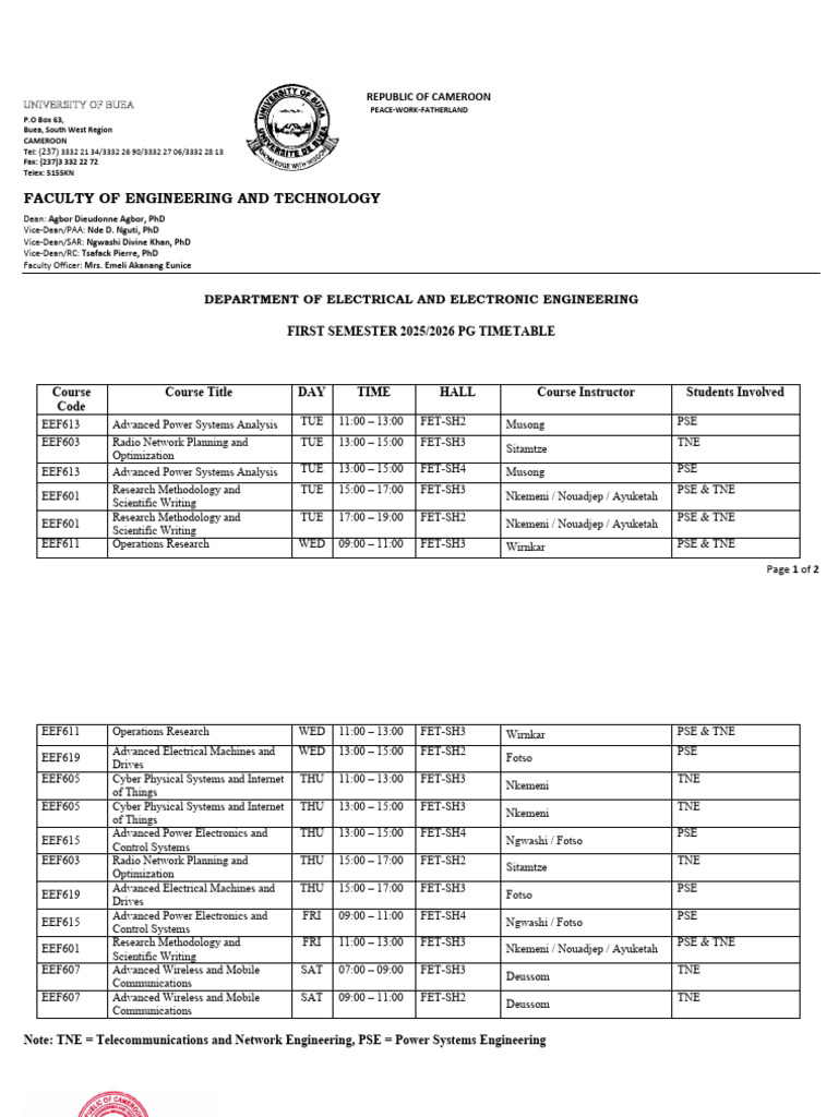 PG Timetable for Electrical Engineering 2025 | PDF | Electromagnetism ...