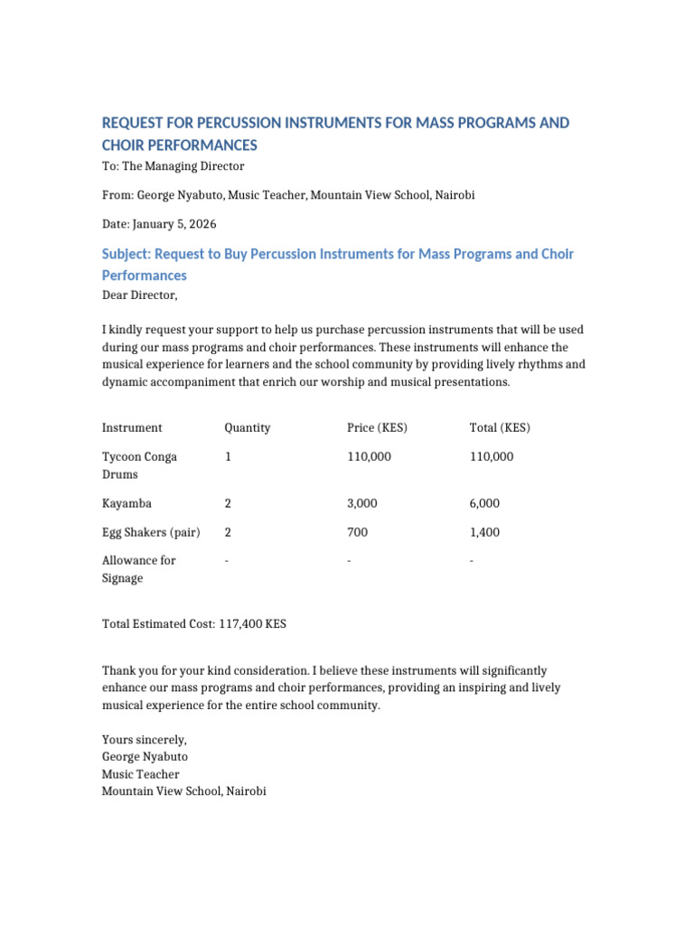 Request for Percussion Instruments With Signage George Nyabuto | PDF