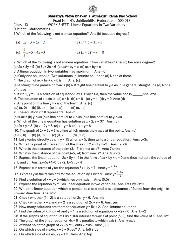 Linear Equations Worksheet for Class IX | PDF | Equations | Cartesian ...