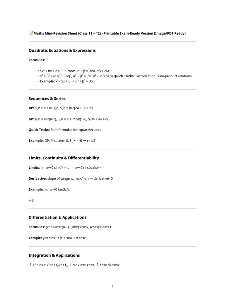 Maths Revision Sheet for Class 11-12 | PDF