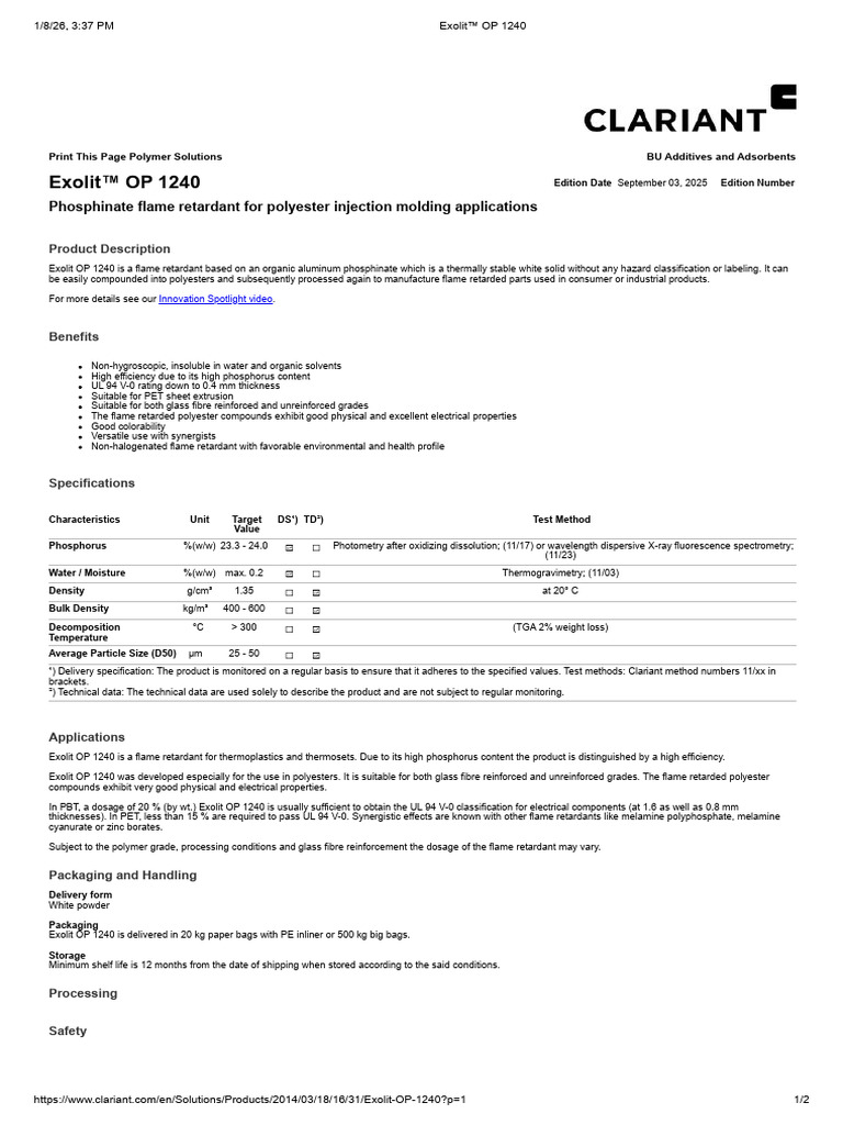 Exolit™ OP 1240 | PDF | Polyester | Thermogravimetric Analysis