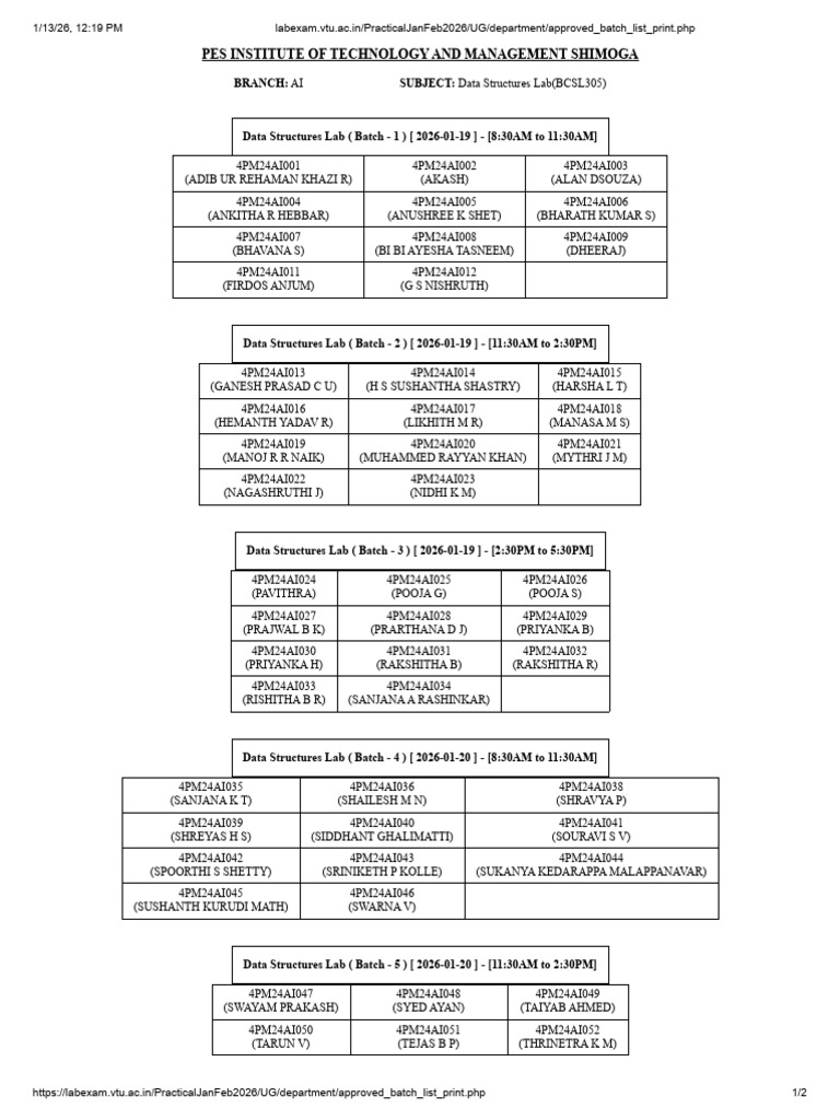 Data Structures Lab Schedule 2026 | PDF