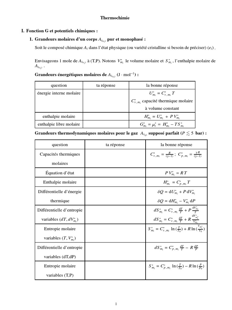Thermochimie : Potentiels et Équilibres | PDF | Chimie | Mécanique des ...