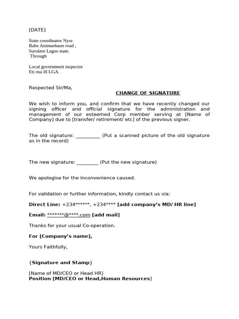 NYSC Change of Signature Notification | PDF