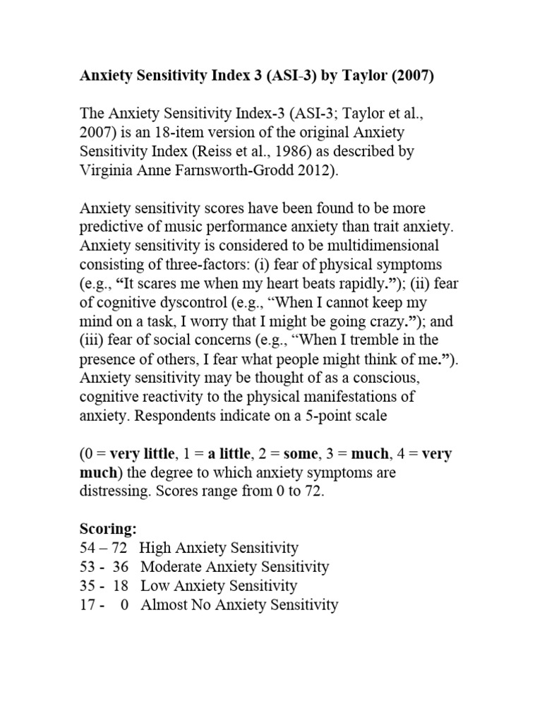 Anxiety Sensitivity Index 3 Overview | PDF