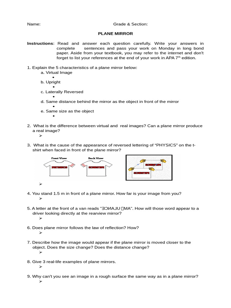 Plane Mirror Activity | PDF