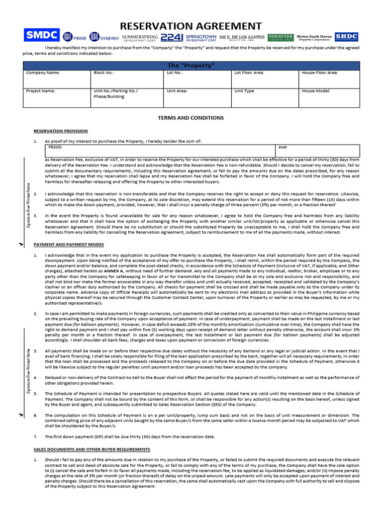 Property Reservation Agreement Template | PDF | Payments | Mail
