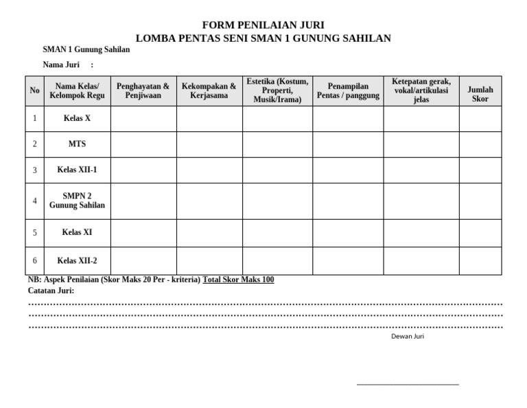 Form Penilaian Juri (Pentas Seni) | PDF