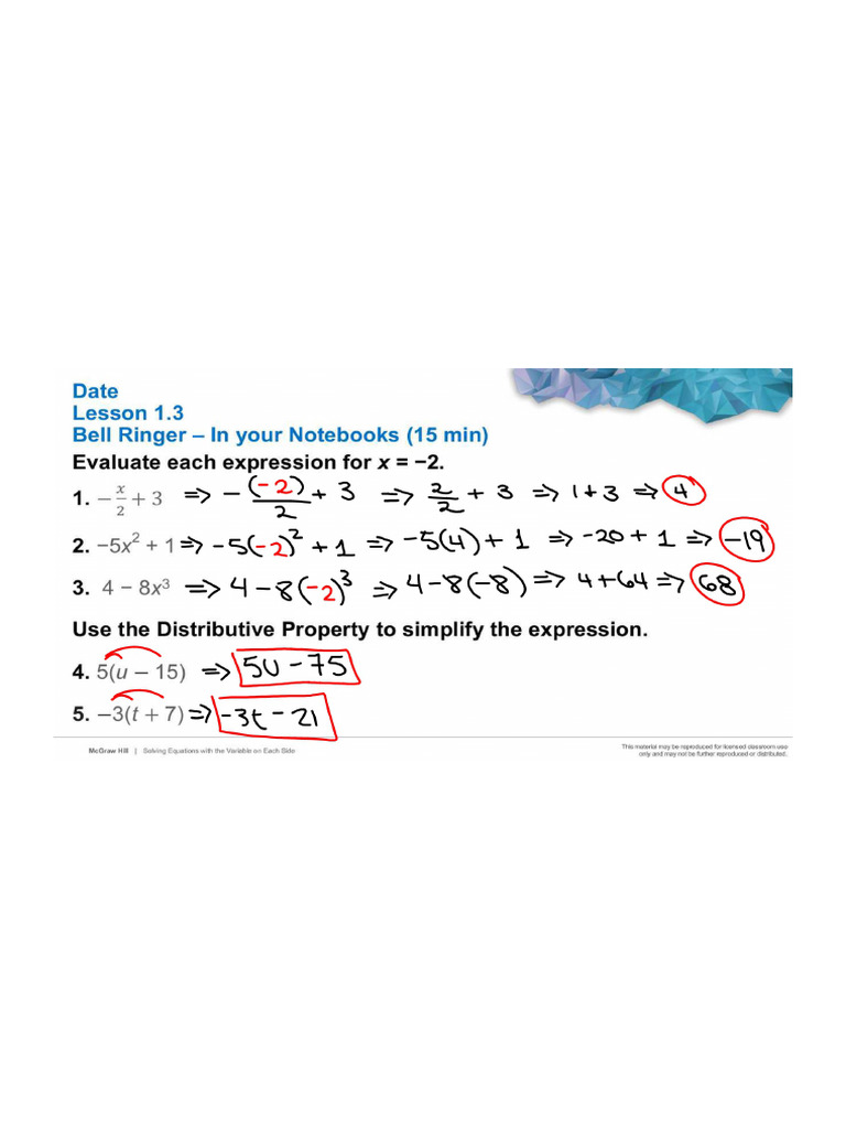 Algebra 1 - Lesson 1.3 - Solving Equations with Variables on both sides ...