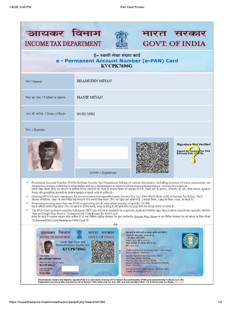 PAN Card Preview for HSAMUDIN MIYAN | PDF