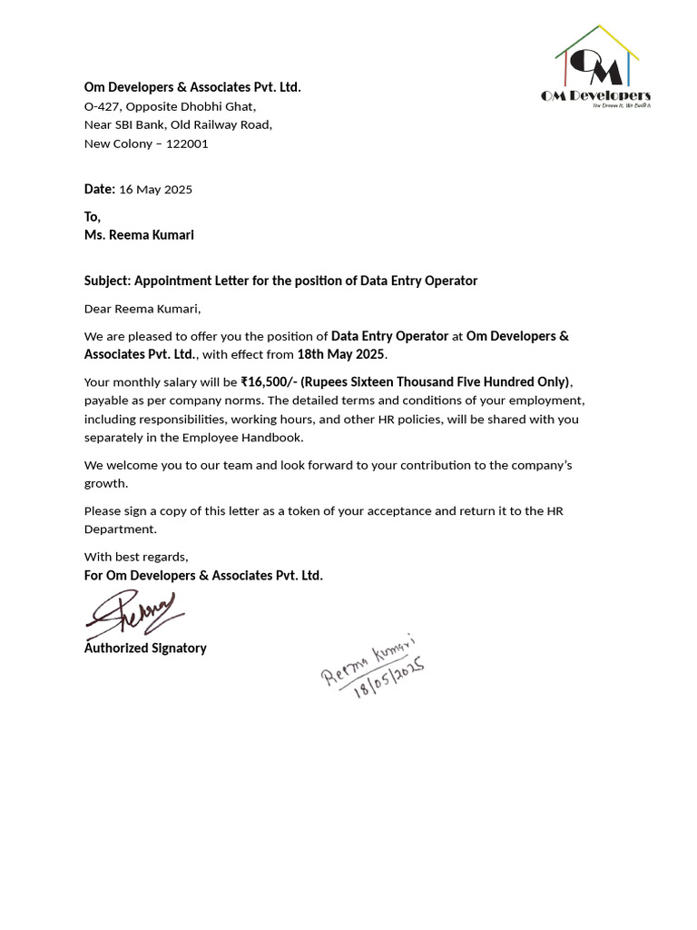 Appointment Letter: Data Entry Operator | PDF