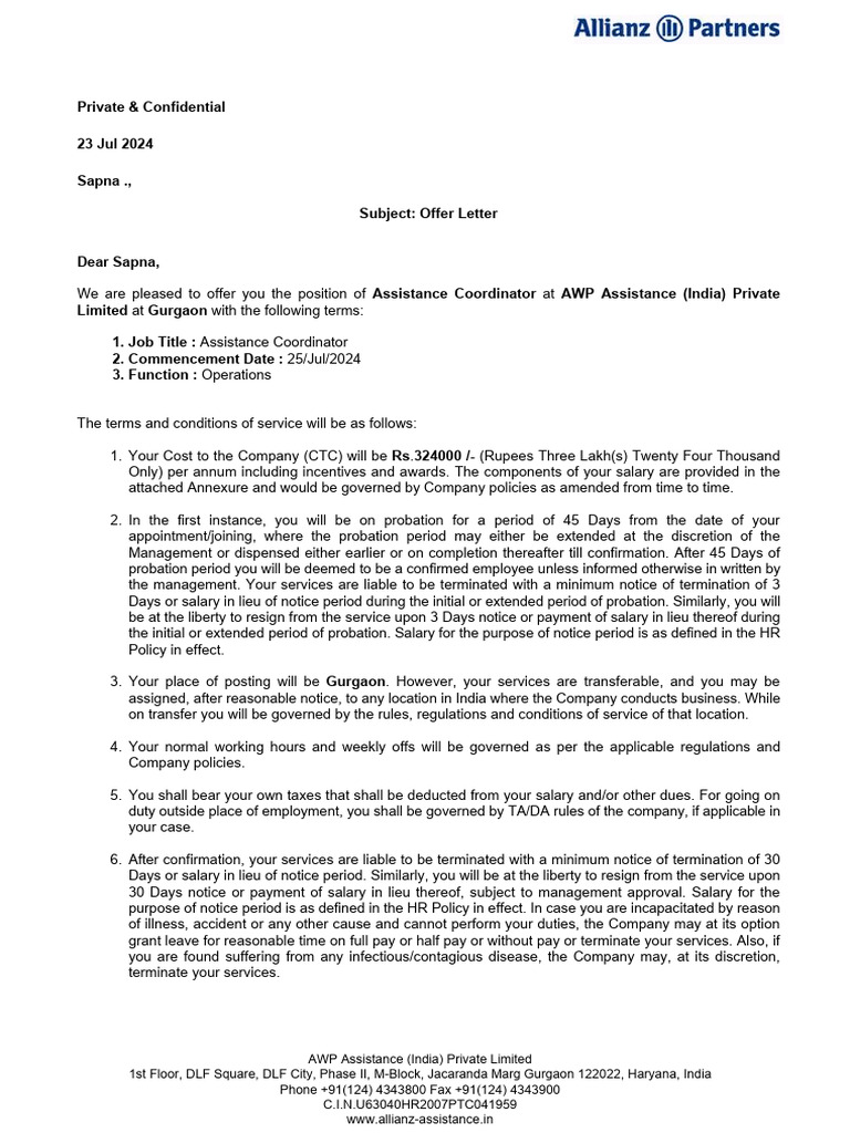 Assistance Coordinator Offer Letter | PDF | Employment | Conflict Of ...