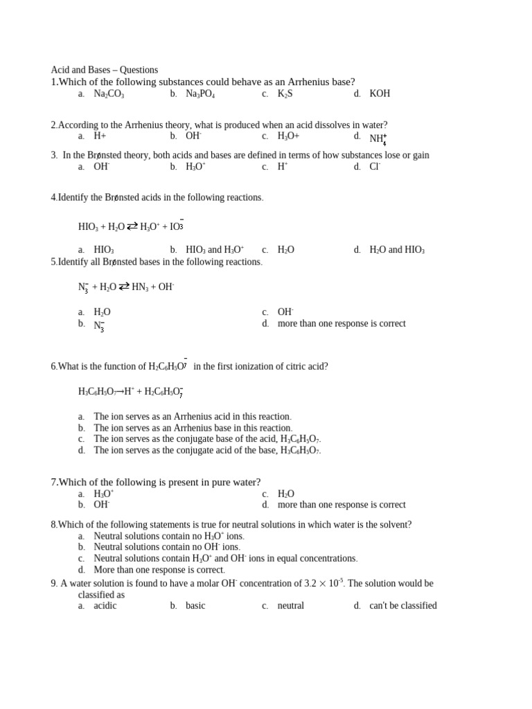 Acid-Base Theory Questions and Answers | PDF