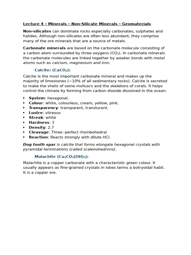 Minerals - Non-Silicate Minerals | PDF | Minerals | Calcite