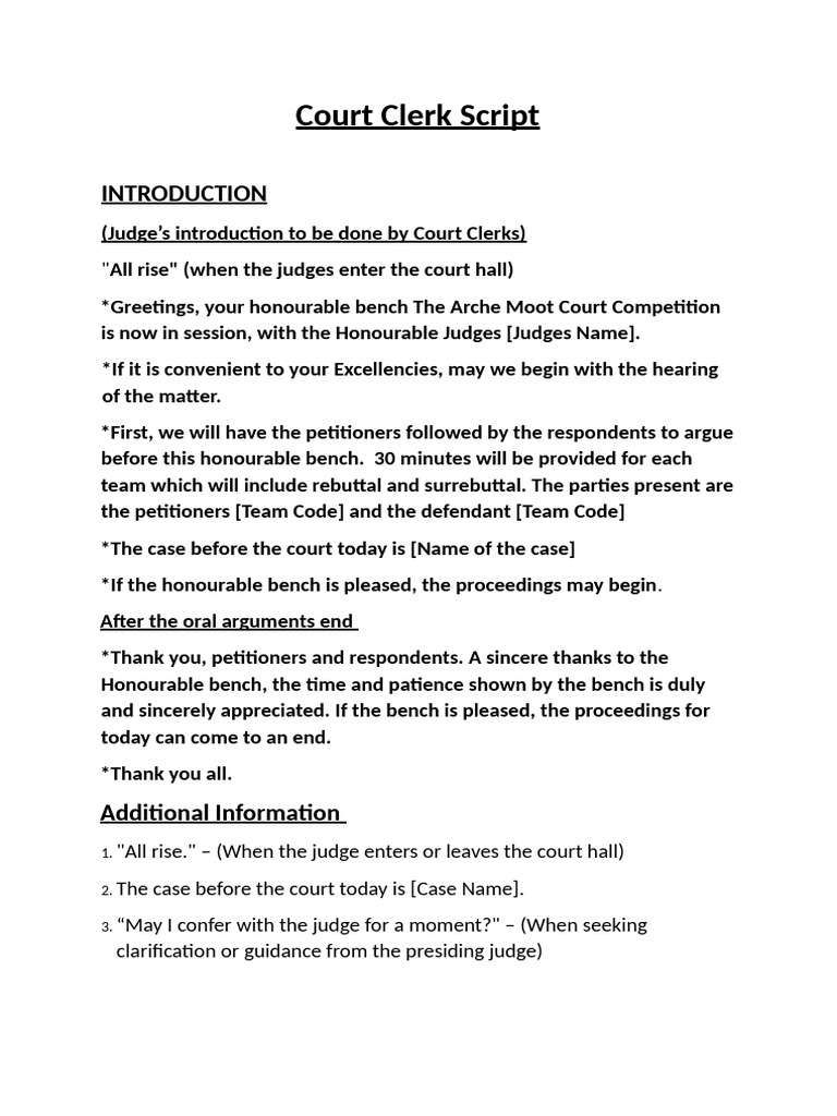 Court Clerk Script for Moot Competitions | PDF