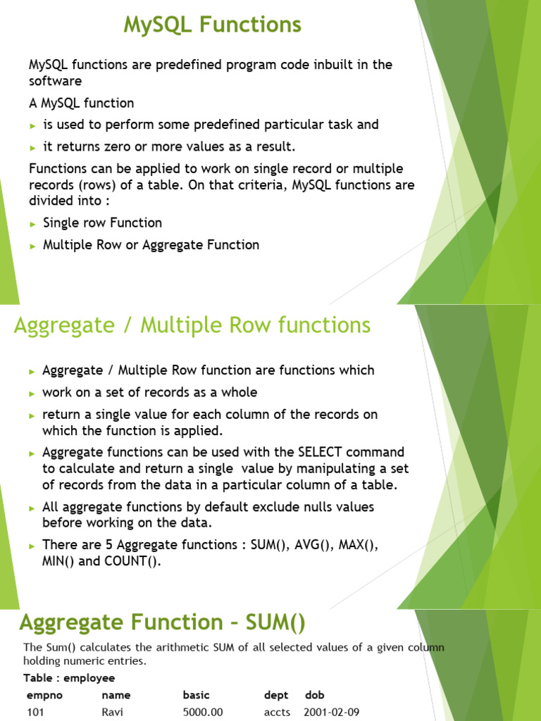 MySQL Functions: Aggregate Overview | PDF | Relational Database | Table ...