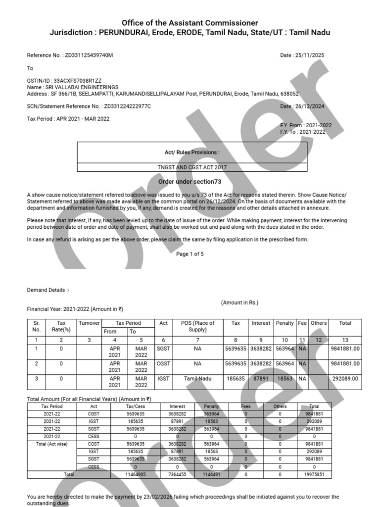 GST Demand Order for Sri Vallabai Engineerings | PDF | Interest | Taxes