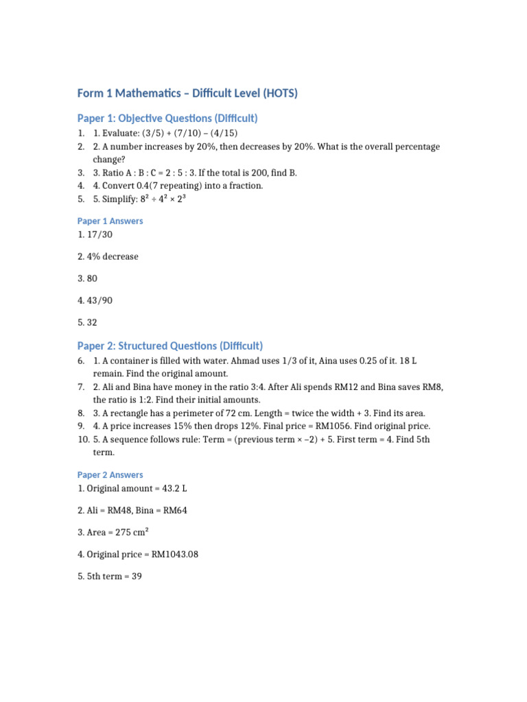 Form 1 Mathematics HOTS Questions & Answers | PDF