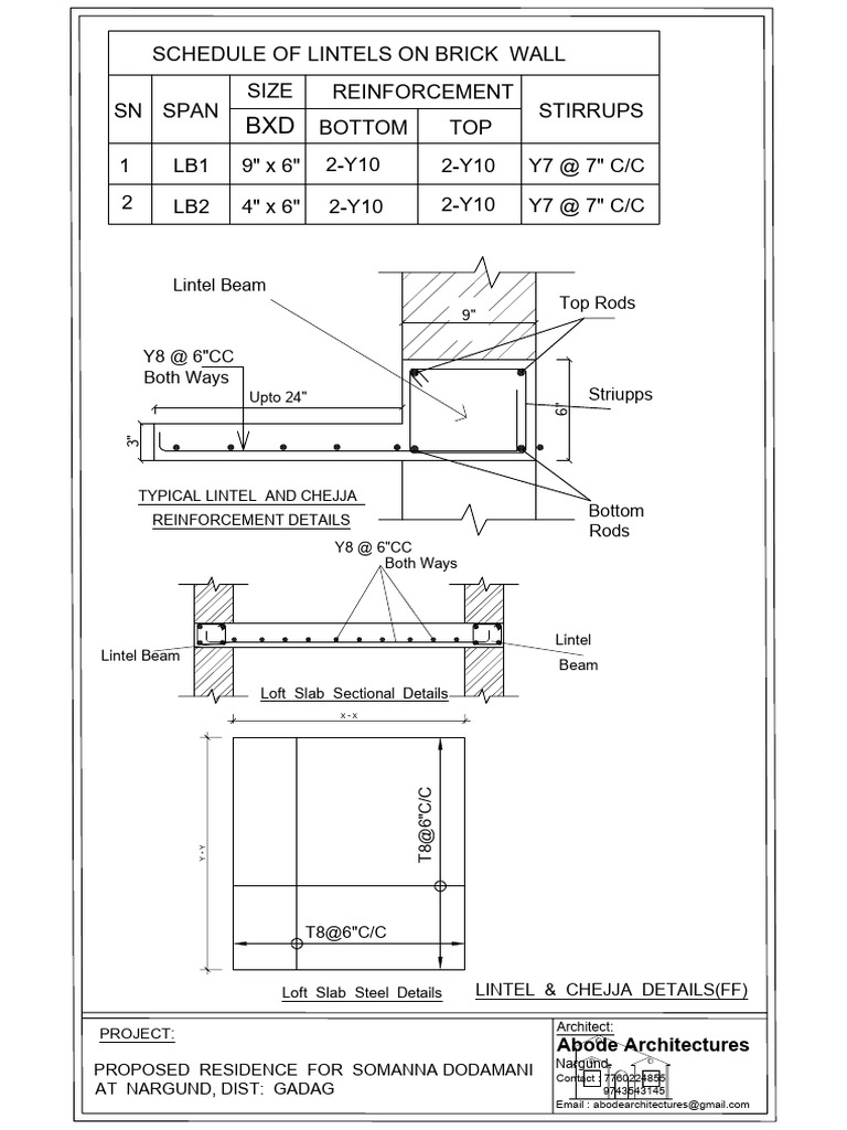 Lintel & Chejja Reinforcement Details | PDF