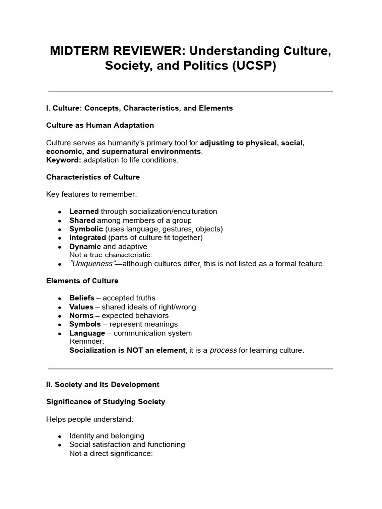 UCSP Midterm Reviewer: Culture & Society | PDF | Anthropology | Society