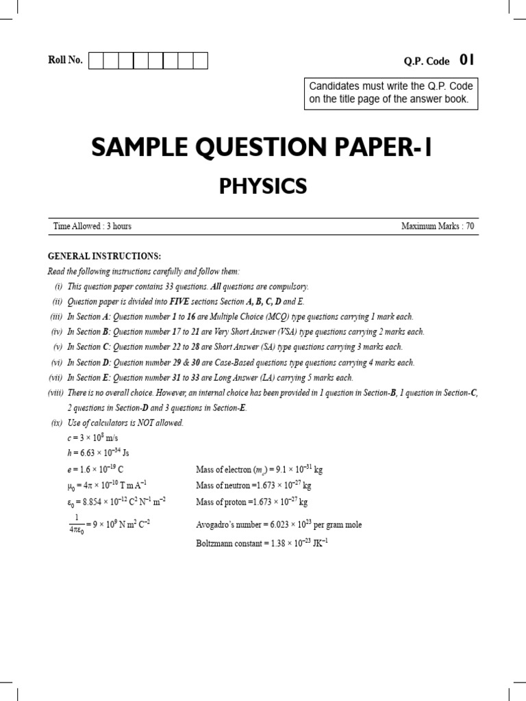 CBSE 12th Sample Question Paper 1 Physics | PDF | Magnetism | Inductance