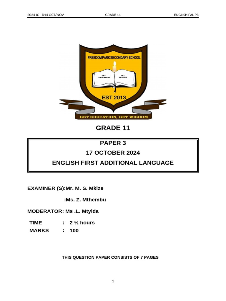 Grade 11 English FAL Exam Paper 2024 | PDF