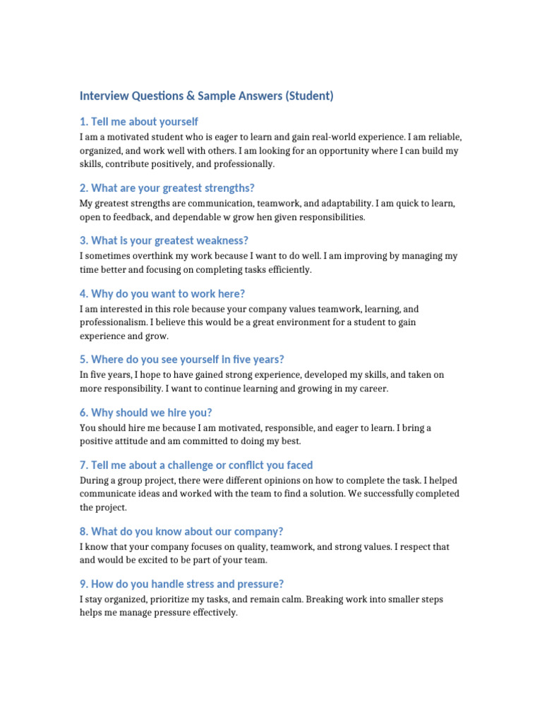 Student Interview Questions & Answers | PDF | Time Management ...