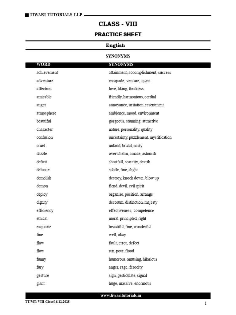 Class VIII English Synonyms and Antonyms | PDF