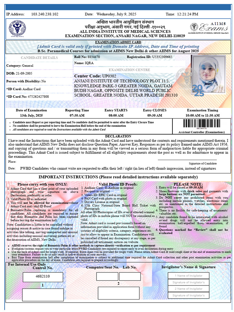 Paramedical Aiims Admit Card | PDF | Identity Document | Government And ...