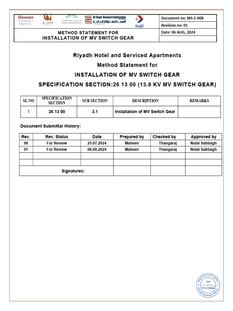 MV Switch Gear Installation Method Statement | PDF | Personal ...