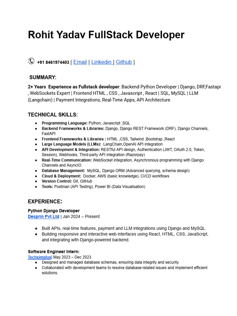 Rohit Yadav FullStack Developer 2+ | PDF | My Sql | Java Script
