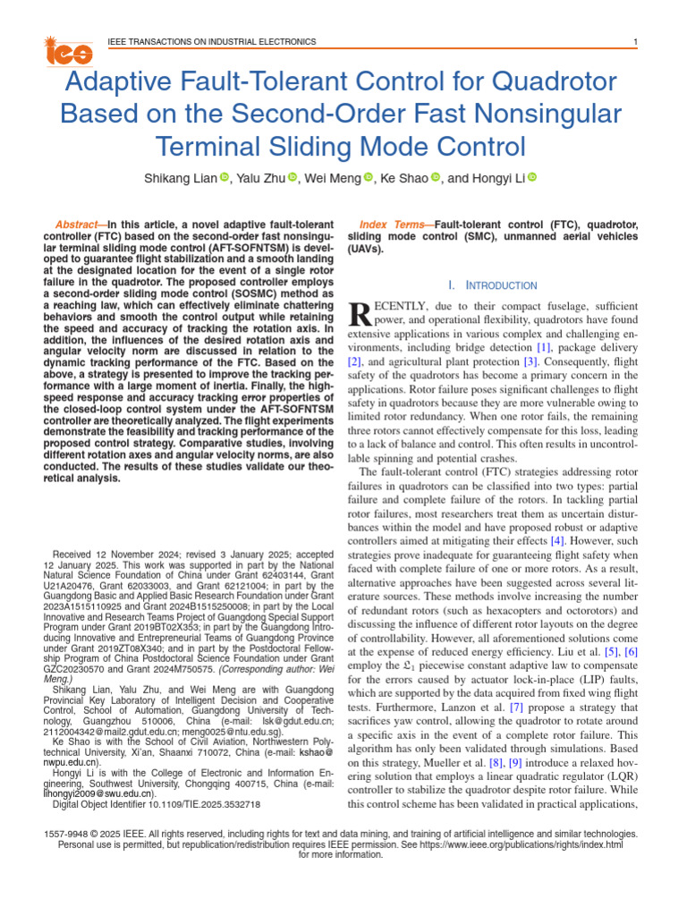 Adaptive Fault-Tolerant Control for Quadrotor Based on the Second-Order ...