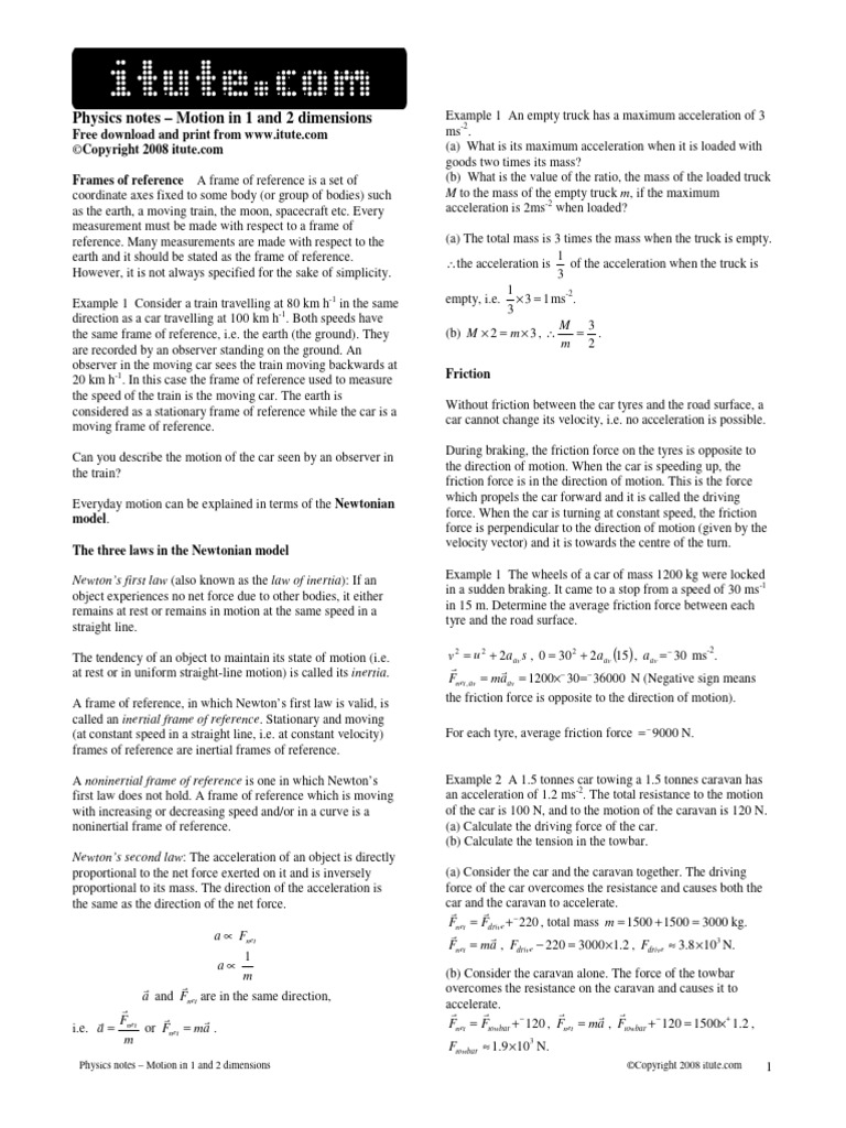 Physics Notes Motion in One and Two Dimensions | PDF | Force | Acceleration