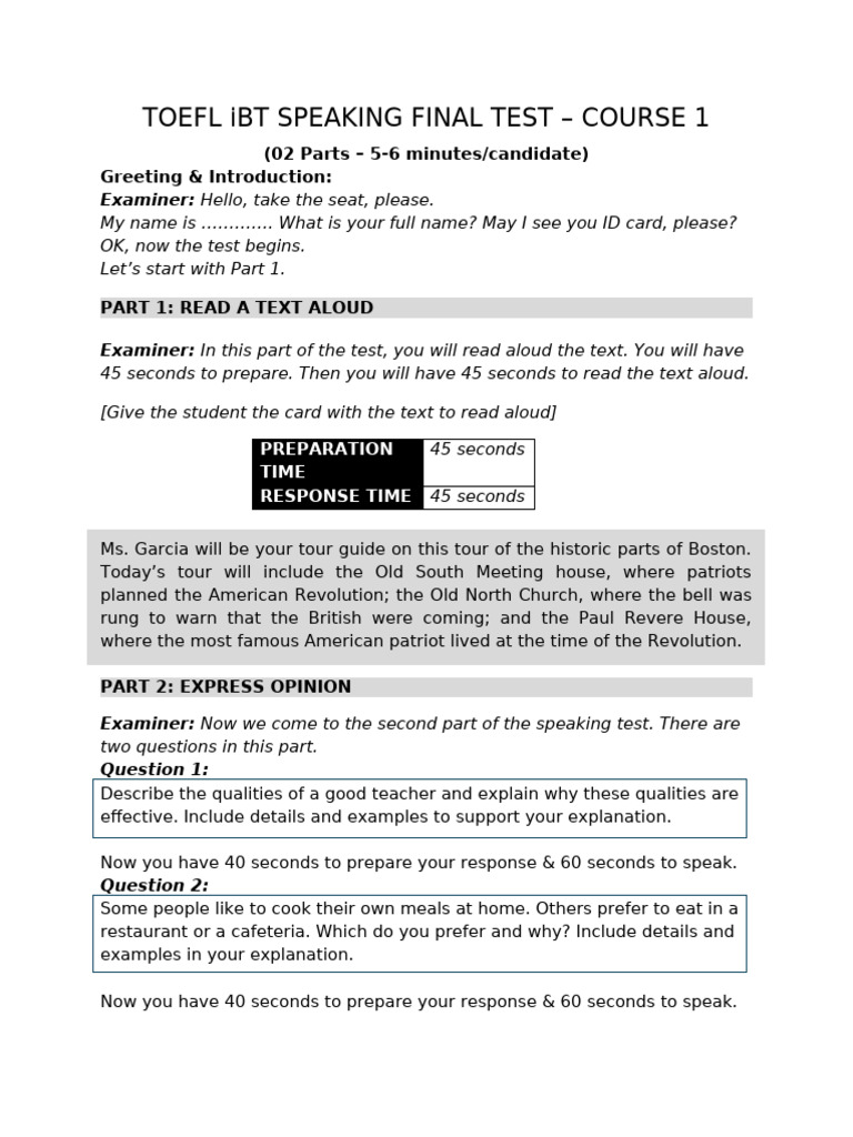 TOEFL iBT Speaking Test Guide | PDF