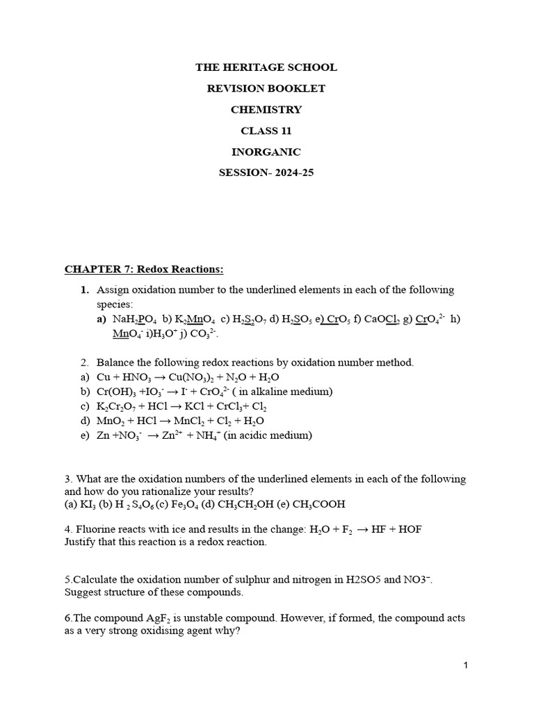 Class 11 Chemistry Redox Reactions Guide | PDF | Redox | Chlorine