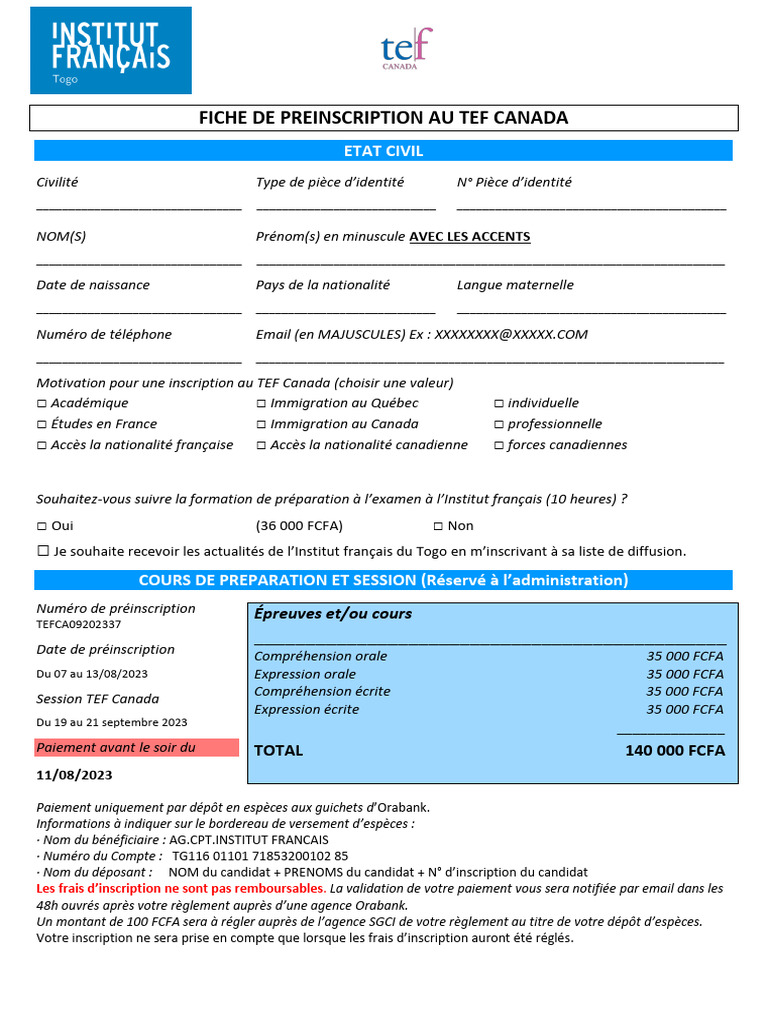 Fiche de préinscription TEF Canada 2023 | PDF | Langue française