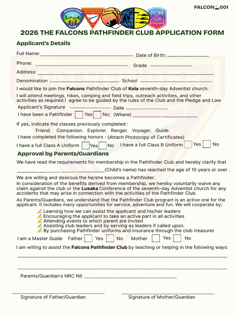 2026 Falcons Pathfinder Club Application | PDF | Seventh Day Adventist ...