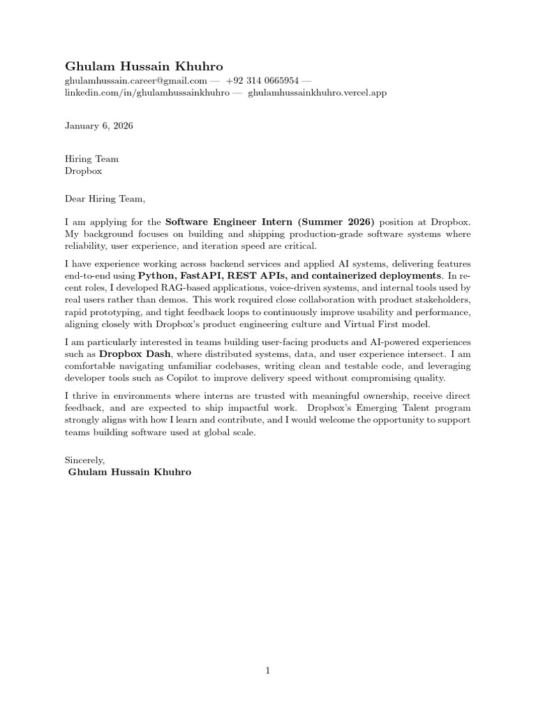 Software Engineer Intern Application - Dropbox | PDF