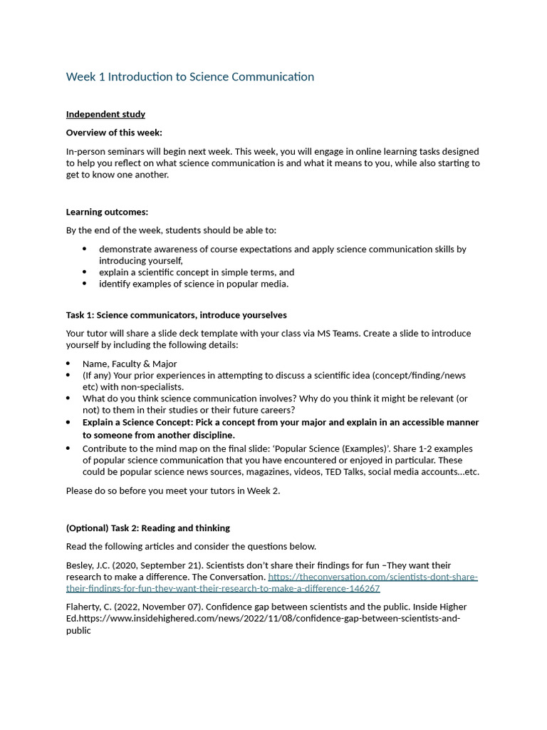 Intro to Science Communication Week 1 | PDF