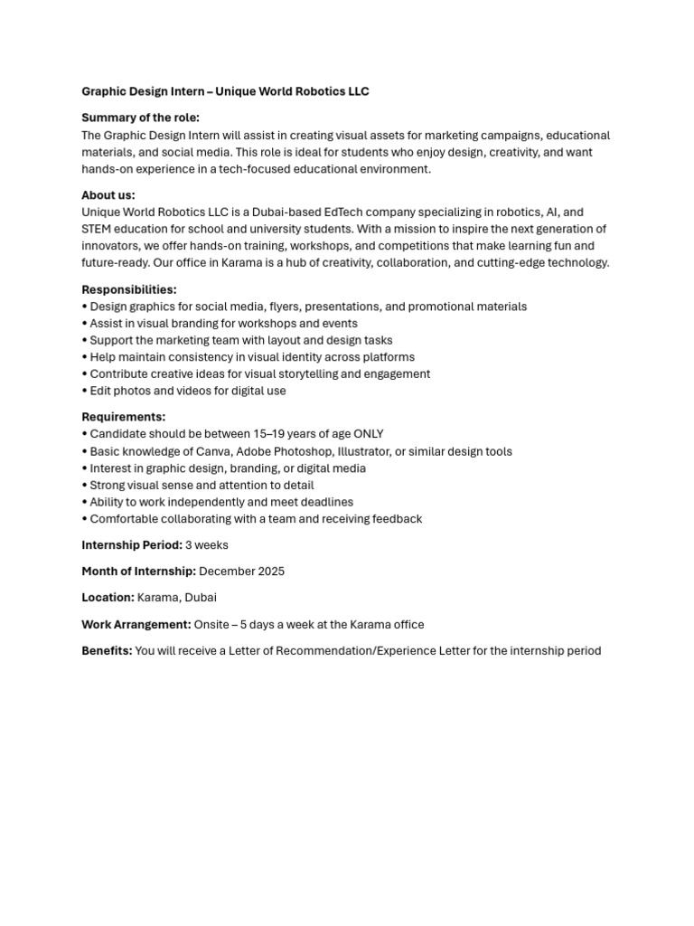 Unique Robotics Graphic Design Intern JD | PDF