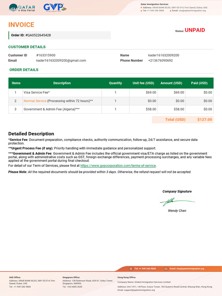 Qatar Immigration Services Invoice Details | PDF | Fee | Payments