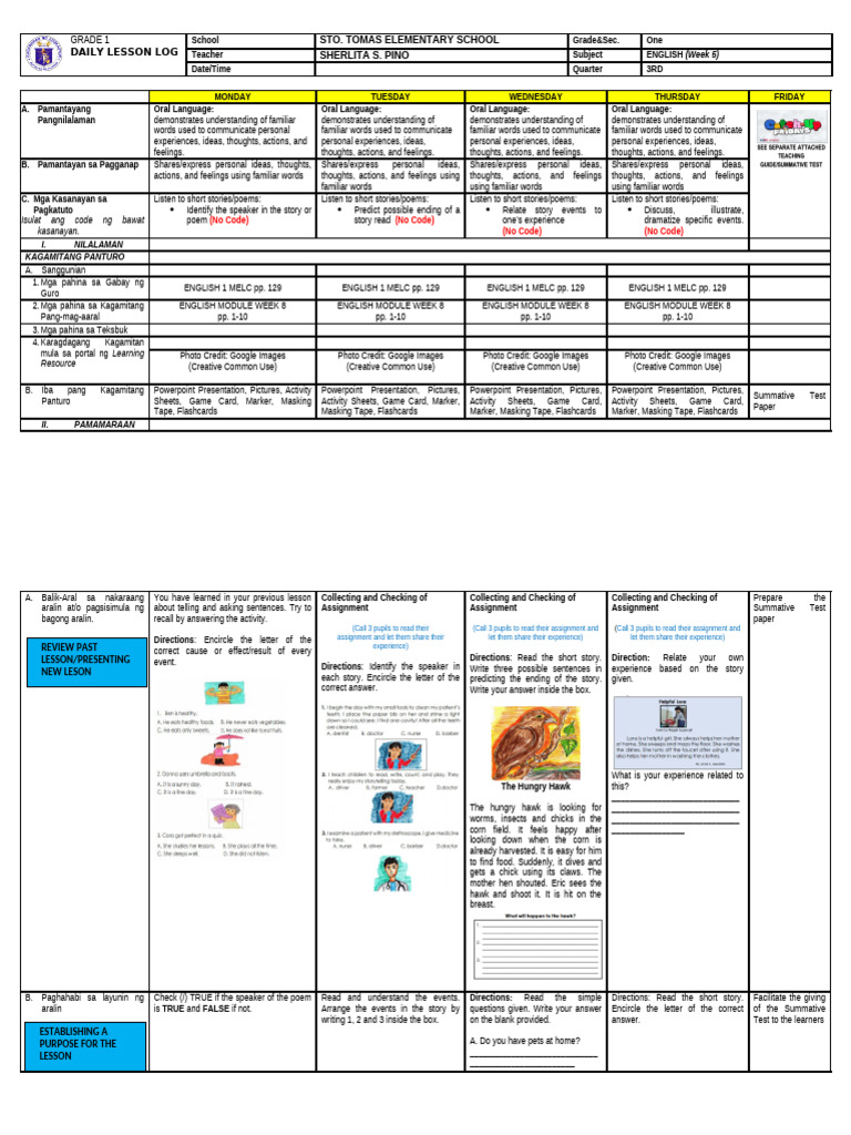 Grade 1 English Lesson Plan Week 5 | PDF | Poetry