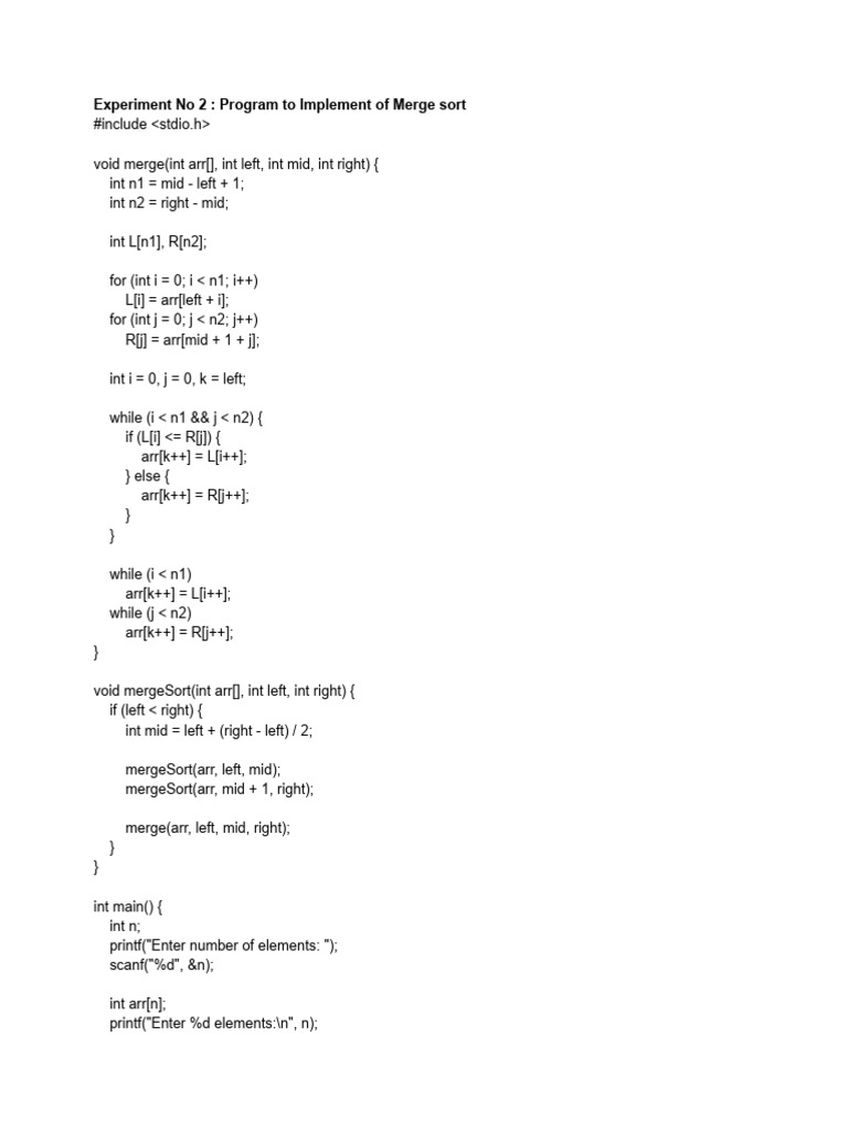 Merge Sort Implementation in C | PDF
